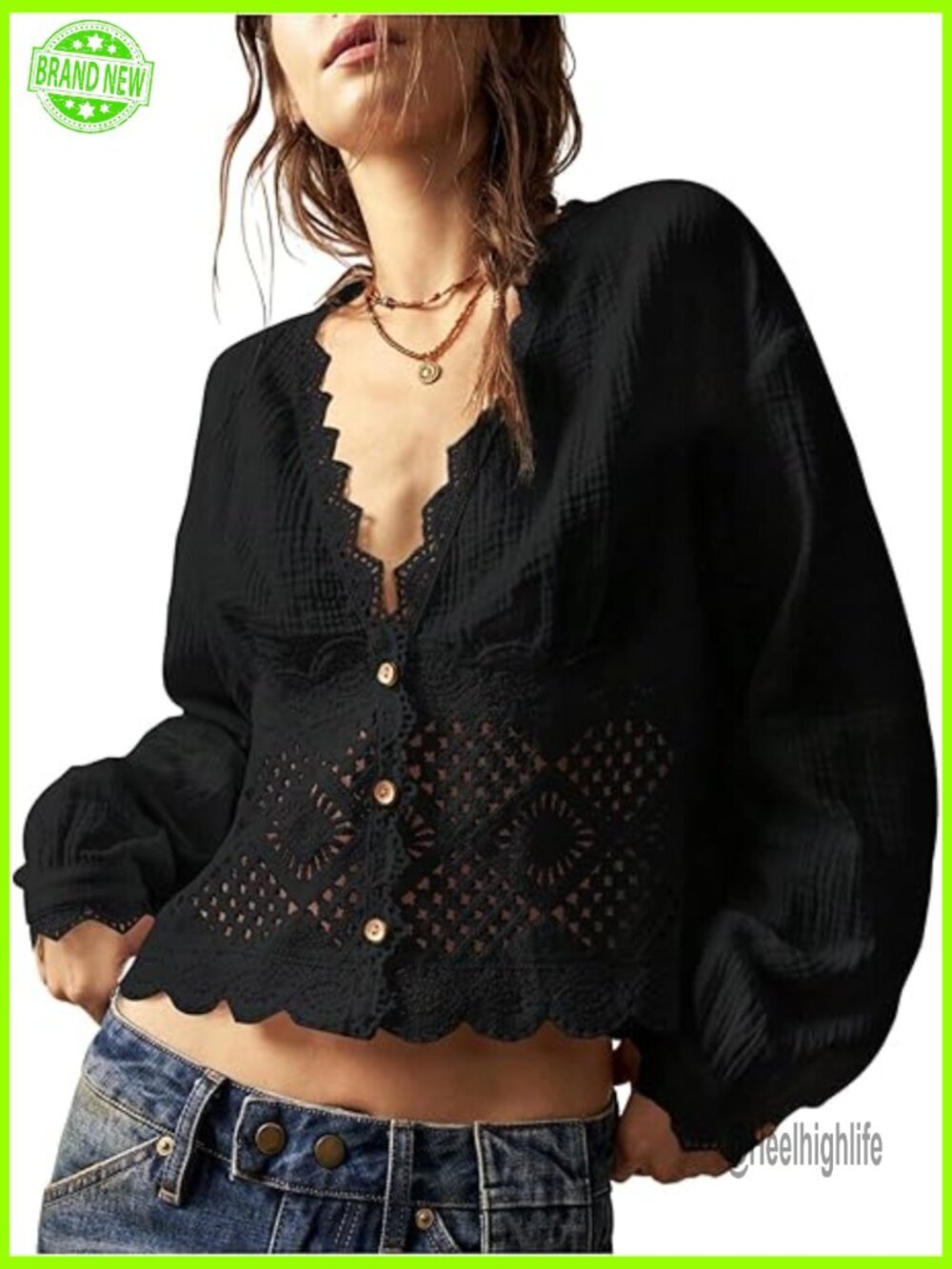 Vintage Deep V Neck Button Up Crochet Patchwork Long Sleeve Crop Blouse Top